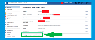 configuración "mis datos" en facebook