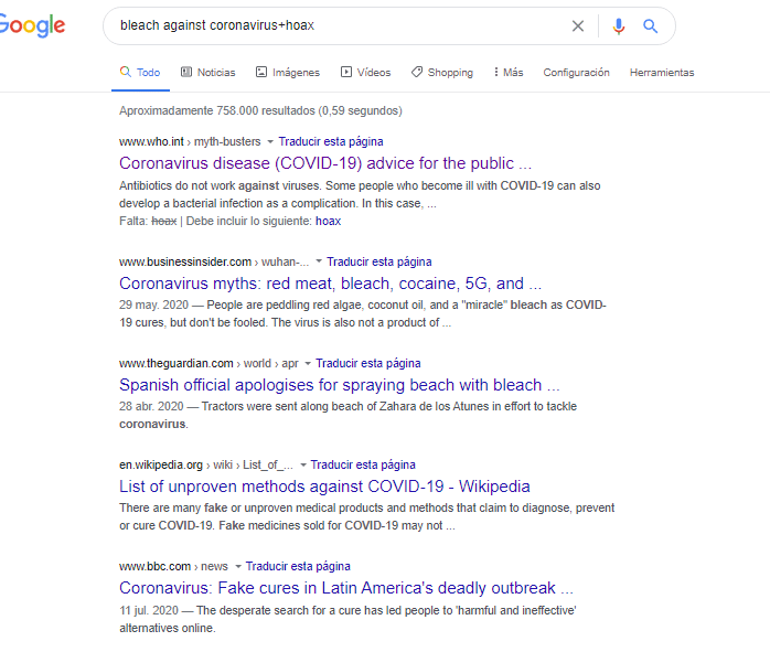 búsqueda bleach against coronavirus+hoax