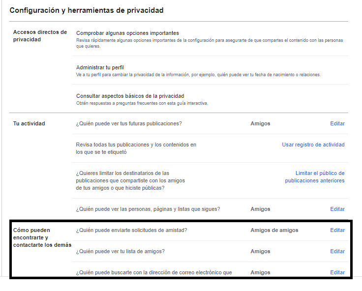 Configuración privacidad facebook